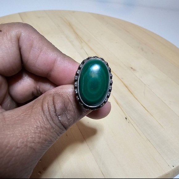 Vintage Sterling Silver 925 Oval Malachite Stone Ring Size 5.5-6 Weighs 10 Grams - Picture 1 of 10